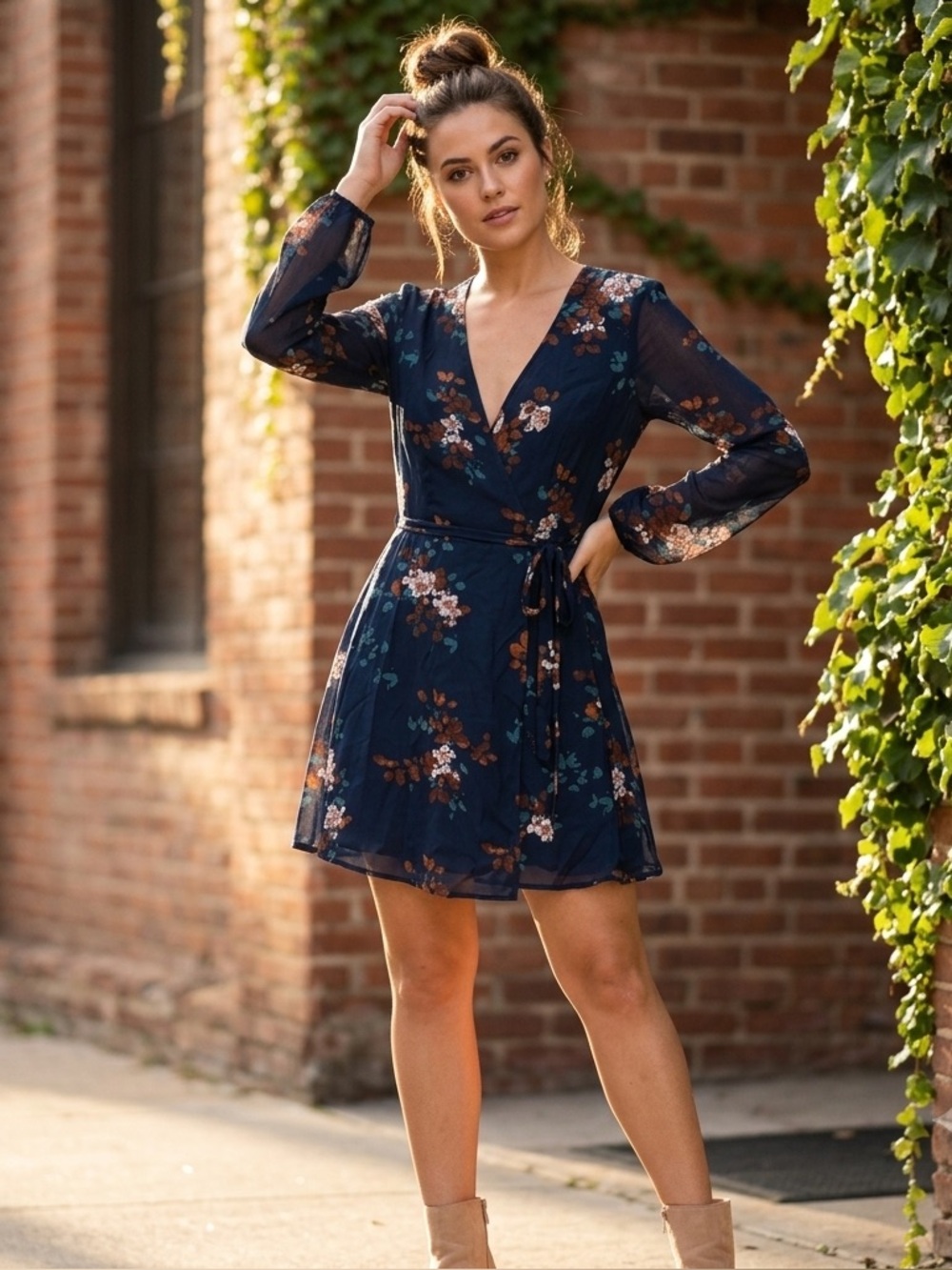 Floral Wrap Dress - Black with Rust & Teal Accents
